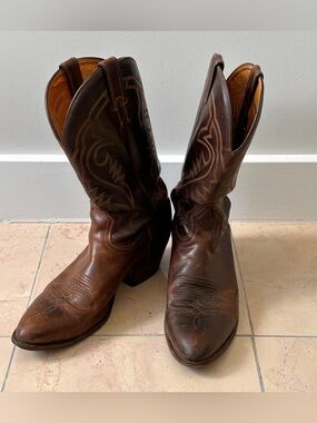Boulet Men Size 10.5 Brown Leather Cowboy Boots Mid Calf Round Toe Pull on